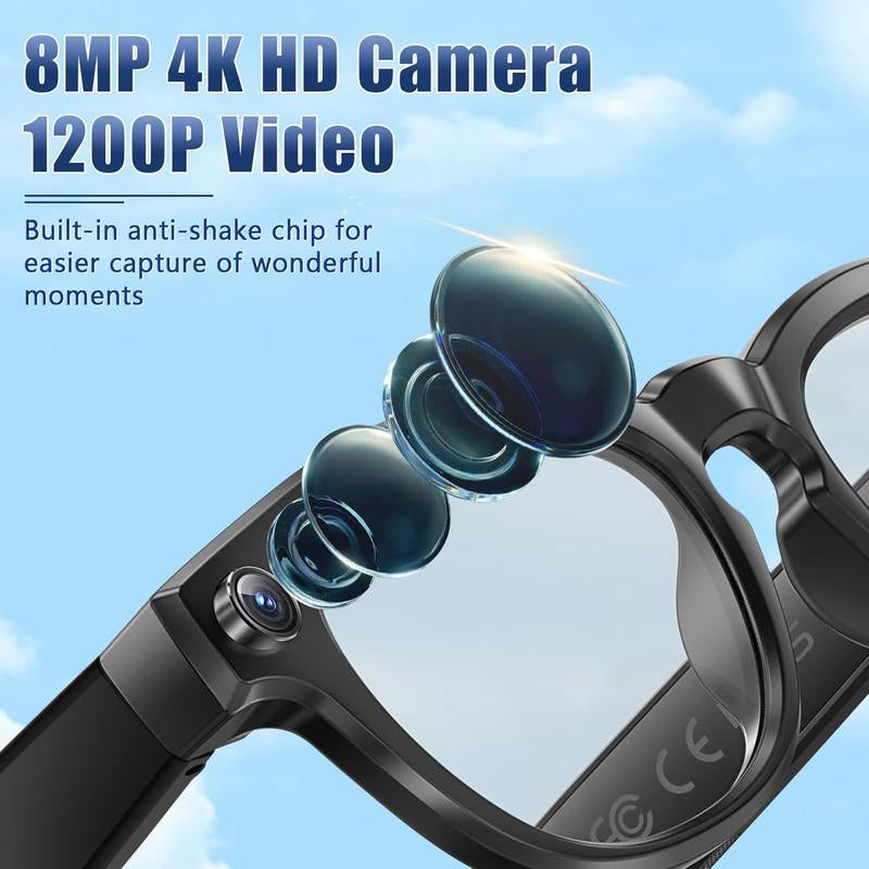 4K AI Smart Glasses with 8MP Camera, HD Video Recording, Bluetooth Audio & Real-Time Translation for Travel and Sports, Wireless Touch Control ,Christmas Gift
